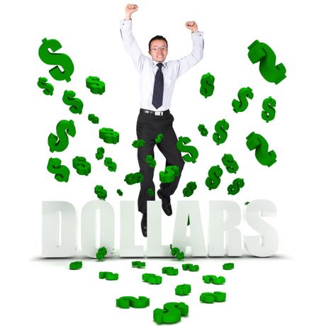 Excited business man in a dollar's rain isolated