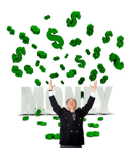 business man in a money rain isolated over white