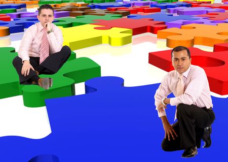 Business men with a multicolour puzzle isolated