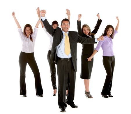 Excited business team smiling isolated over white