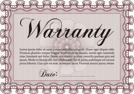 Sample Warranty certificate. Excellent complex design. With guilloche pattern and background. Vector illustration. 