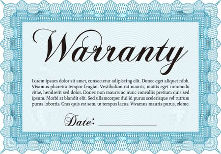Sample Warranty certificate template. Elegant design. Vector illustration. With guilloche pattern. 