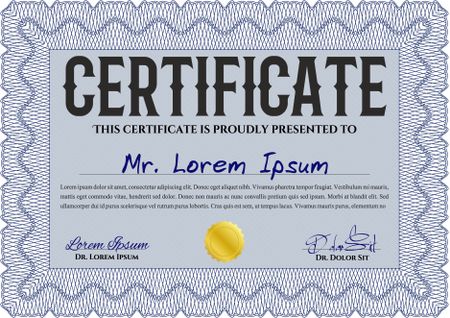Certificate of achievement. Vector certificate template. Retro design. With complex linear background. Blue color.