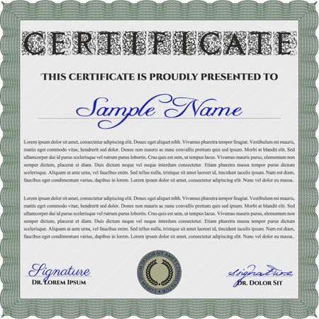 Green Awesome Certificate template. Award. Money Pattern. With great quality guilloche pattern. 