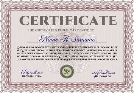 Red Awesome Certificate template. Award. Money Pattern. With great quality guilloche pattern. 