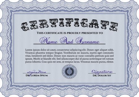 Awesome Certificate template. Award. Money Pattern. With great quality guilloche pattern. Blue color.