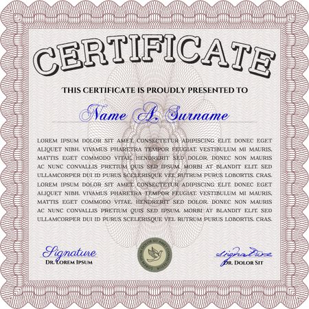 Awesome Certificate template. Award. Money Pattern. With great quality guilloche pattern. Red color.