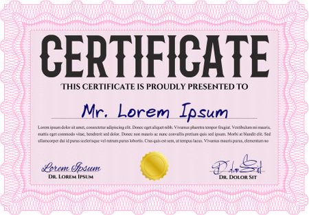 Awesome Certificate template. Award. Money Pattern. With great quality guilloche pattern. Pink color.