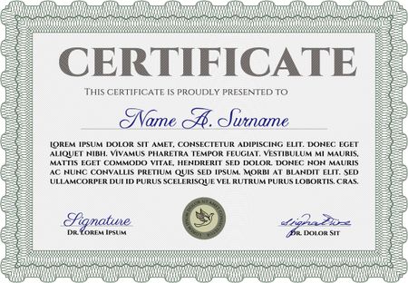 Awesome Certificate template. Award. Money Pattern. With great quality guilloche pattern. Green color.