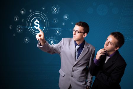 Businessman pressing business type of modern buttons with virtual background