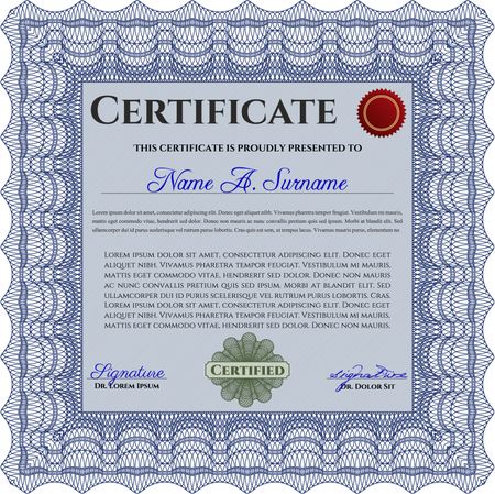 Certificate template or diploma template. Complex background. Vector pattern that is used in currency and diplomas.Superior design. Blue color.
