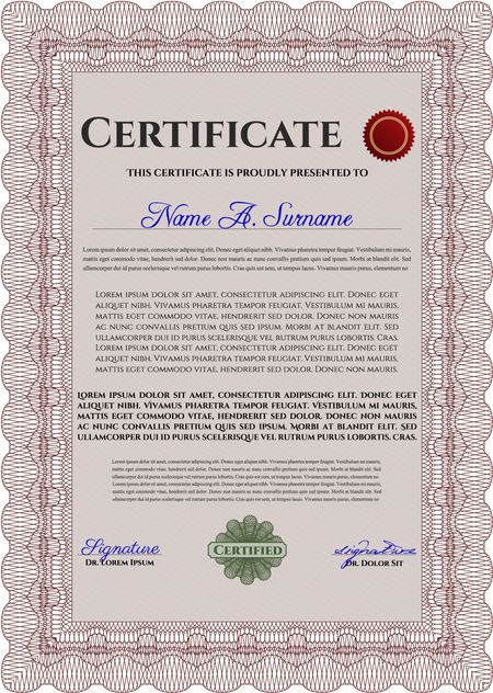 Certificate or diploma template. Easy to print. Cordial design. Customizable, Easy to edit and change colors. Red color.