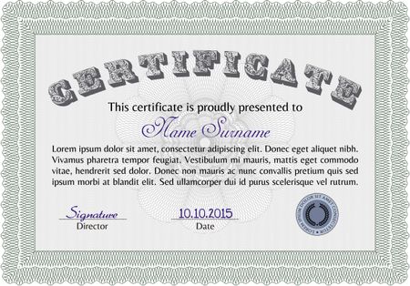 Sample certificate or diploma. With complex linear background. Vector certificate template. Retro design. Green color.