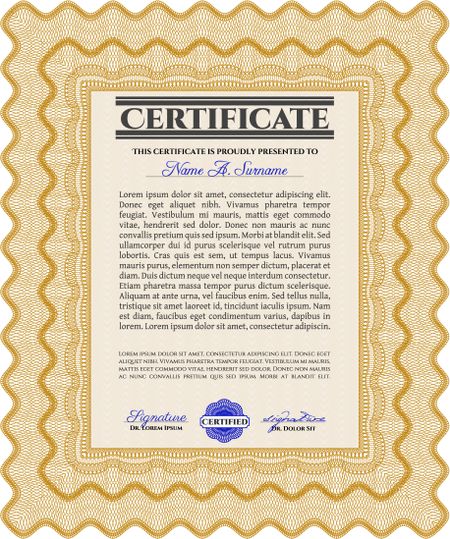 Orange Certificate. Detailed. Printer friendly. Complex design. 
