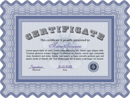 Certificate template. Easy to print. Customizable, Easy to edit and change colors. Nice design. Blue color.