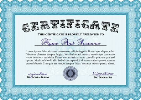 Classic Certificate template. Money Pattern design. Award. With great quality guilloche pattern. Light blue color.