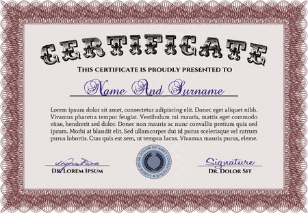 Red Certificate of achievement template. Money design. With guilloche pattern and background. Diploma of completion. 