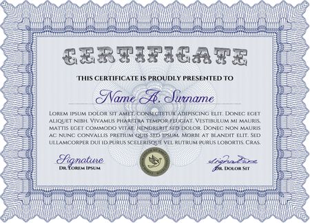 Certificate of achievement. With guilloche pattern and background. Diploma of completion. Sophisticated design. Blue color.