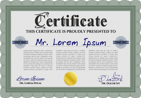 Diploma or certificate template. Vector illustration. Lovely design. With complex background. Green color.