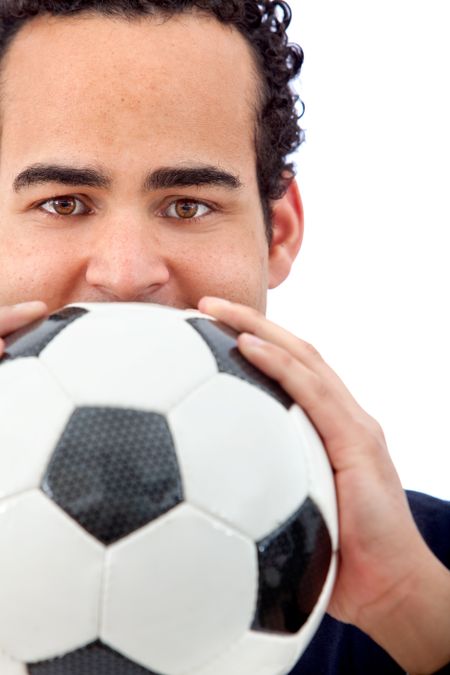 Man portrait with a football isolated over white
