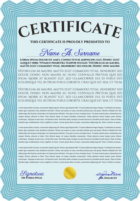 Light blue Certificate of achievement template. With guilloche pattern and background. Sophisticated design. Diploma of completion. 