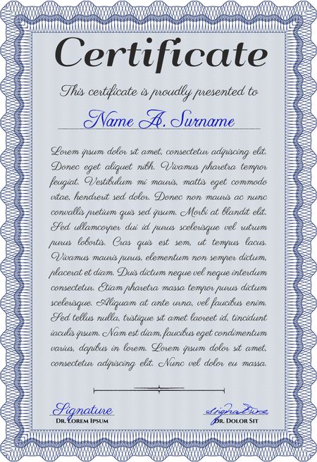 Blue Classic Certificate template. Money Pattern design. With great quality guilloche pattern. Award. 