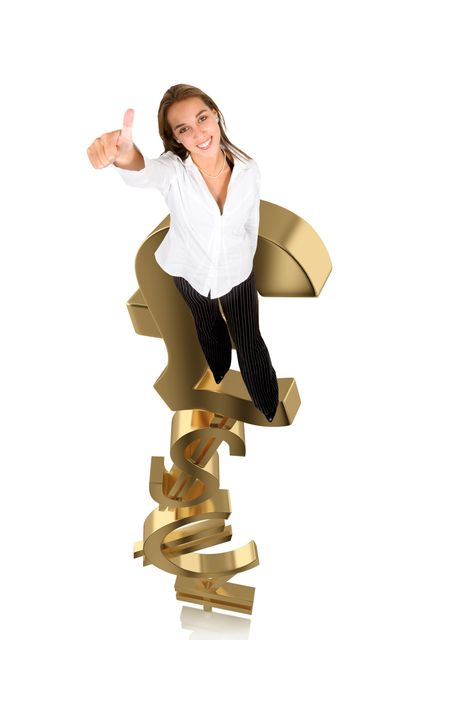Business woman standing on a pile of currency symbols isolated