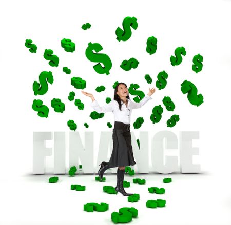 Business woman under a money rain isolated