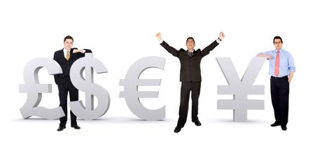 Group of business men with world currencies isolated