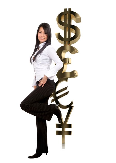 Business woman leaning on currency symbols isolated