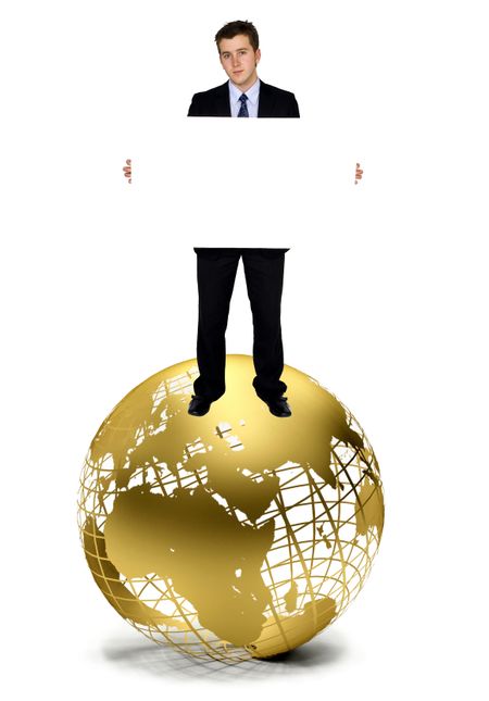Business man with a banner on a globe isolated