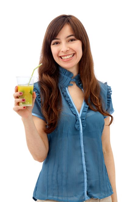 Woman portrait smiling and drinking a cocktail isolated
