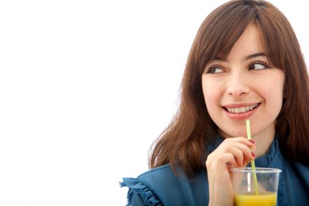 Woman portrait smiling and drinking juice isolated