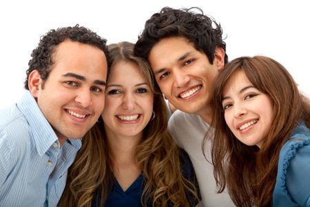 Group of friends smiling isolated over white
