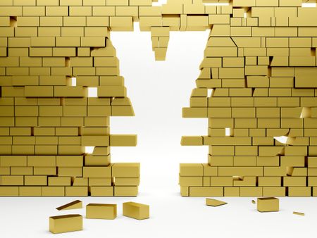 Collapsing golden wall making a yen symbol