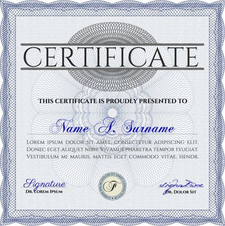 Blue Certificate template. Printer friendly. Detailed. Nice design. 