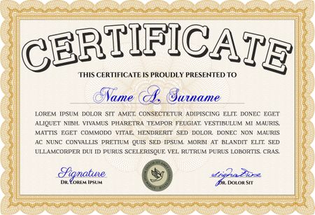 Orange Certificate or diploma template. Easy to print. Customizable, Easy to edit and change colors. Cordial design. 