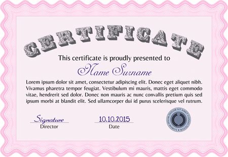 Pink Diploma template. Border, frame. With background. Excellent design. 