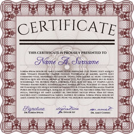 Red Sample certificate or diploma. With complex linear background. Elegant design. Vector certificate template. 