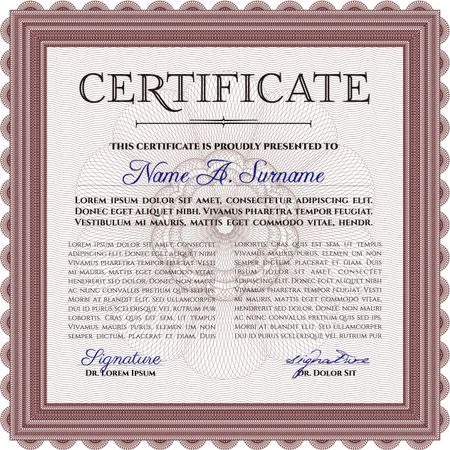 Certificate. Complex design. Printer friendly. Detailed. Red color.
