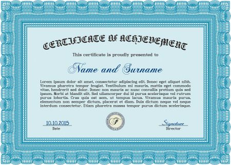 Light blue Awesome Certificate template. With great quality guilloche pattern. Money Pattern. Award. 