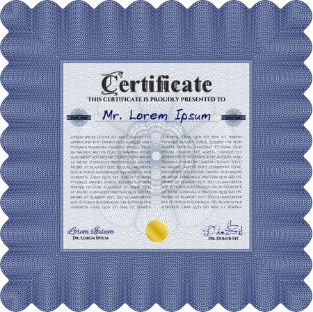 Certificate. Detailed. Complex design. Printer friendly. Blue color.