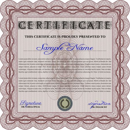 Red Sample Certificate. Frame certificate template Vector. Modern design. With linear background. 