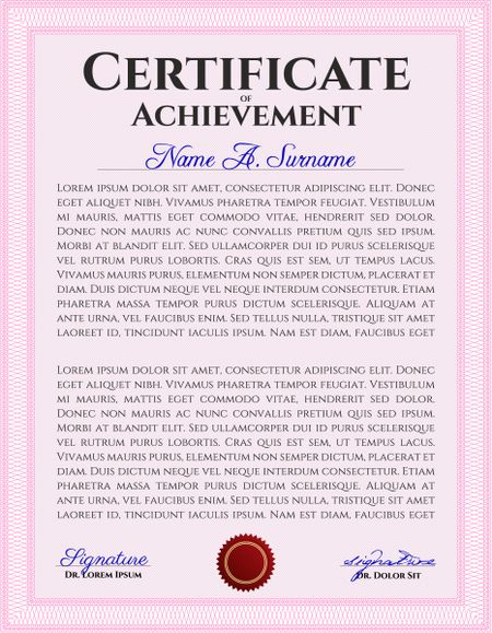 Pink Sample Certificate. Frame certificate template Vector. Modern design. With linear background. 