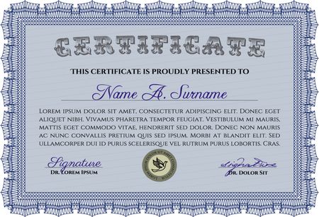 Blue Sample Certificate. Frame certificate template Vector. Modern design. With linear background. 