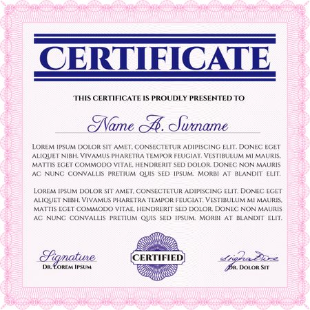 Pink Sample Certificate. Frame certificate template Vector. Modern design. With linear background. 