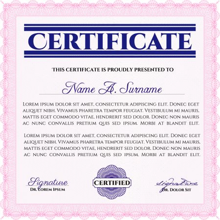 Pink Sample Certificate. Frame certificate template Vector. Modern design. With linear background.