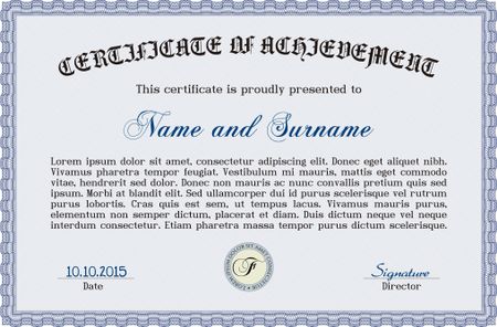 Blue Sample certificate or diploma. With complex linear background. Retro design. 
Vector certificate template. 