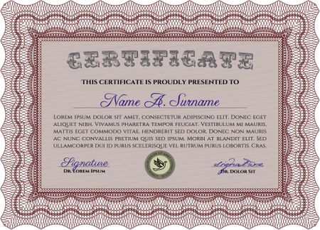 Red Sample certificate or diploma. With complex linear background. Retro design. Vector certificate template. 
