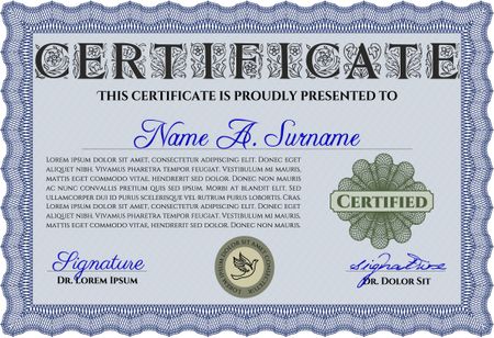 Awesome Certificate template. Money Pattern. With great quality guilloche pattern. Award. Blue color.